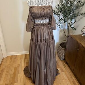 Bohemian Off-Shoulder Maxi Dress in a green/brown